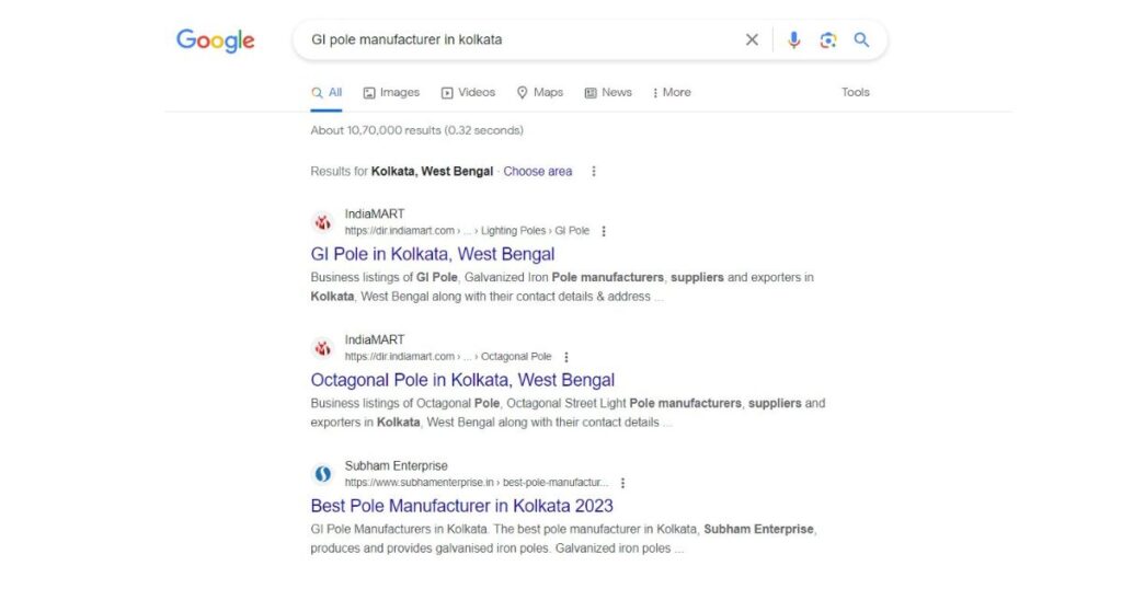 Google Search result page with organic search results