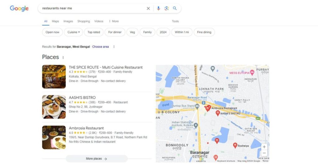 Google map pack on restaurants near me