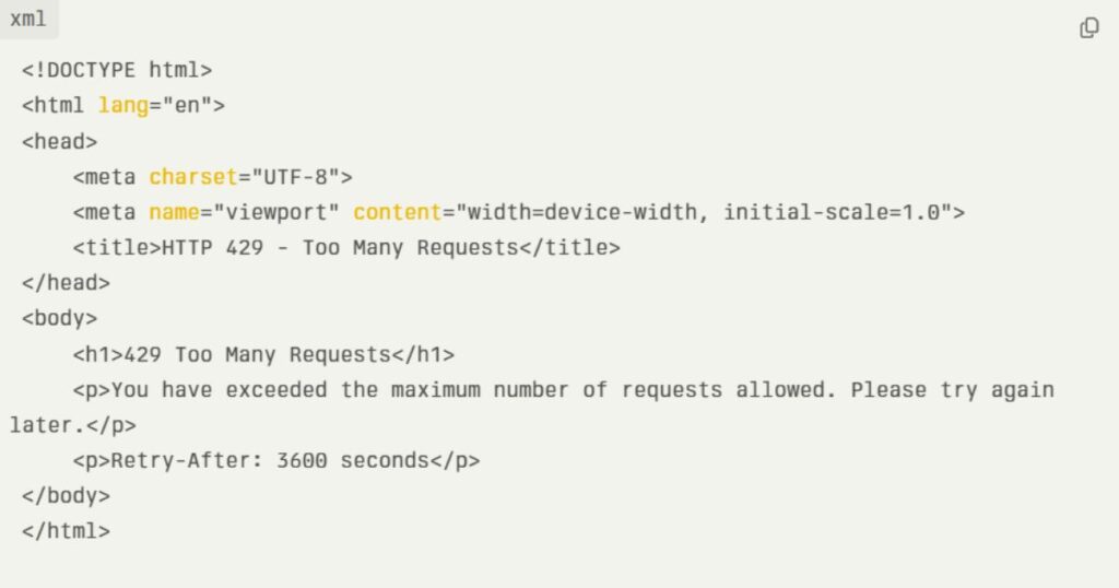 This HTML code represents a simple error page for HTTP 429 status, indicating Too Many Requests