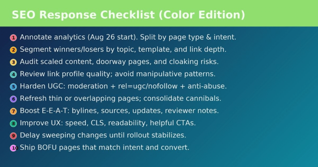 Ten-step SEO response checklist for Google’s August 2025 spam update with colorful badges and clear actions