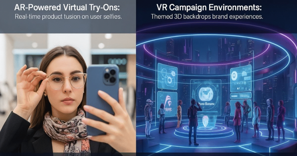 Here is a combined image that illustrates both AR-powered virtual try-ons and VR campaign environments