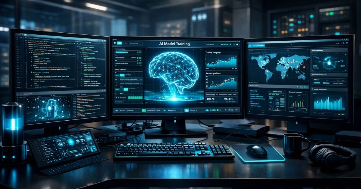 OpenAI GPT-5.3-Codex coding model displayed on multiple monitors with AI-powered software development workflow