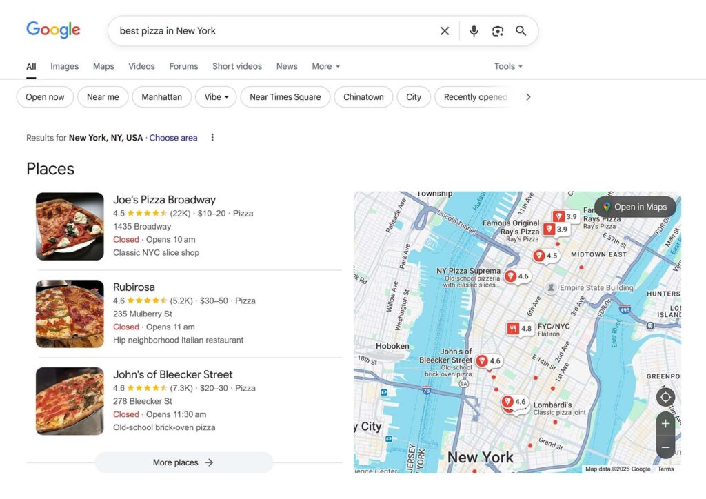 Google Maps 3-Pack local search results example