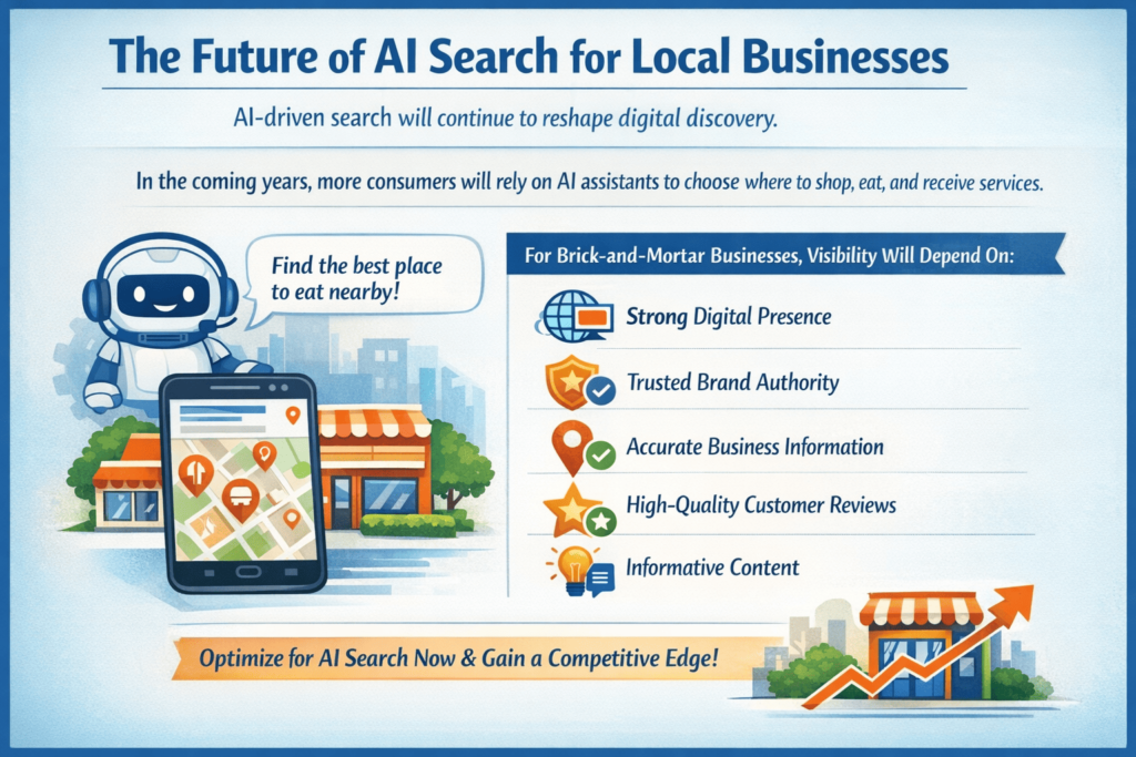 AI search infographic showing a robot recommending nearby businesses, highlighting factors like digital presence, reviews, and accurate information for local business visibility.