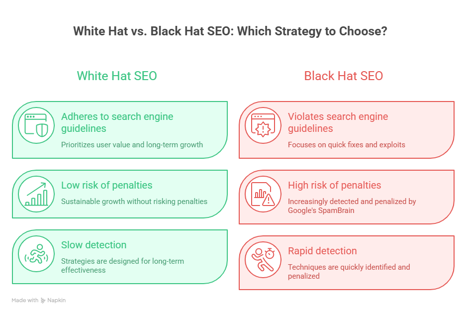 Infographic comparing White Hat SEO and Black Hat SEO. White Hat SEO emphasizes following search engine guidelines, low risk of penalties, and long-term growth. Black Hat SEO highlights guideline violations.