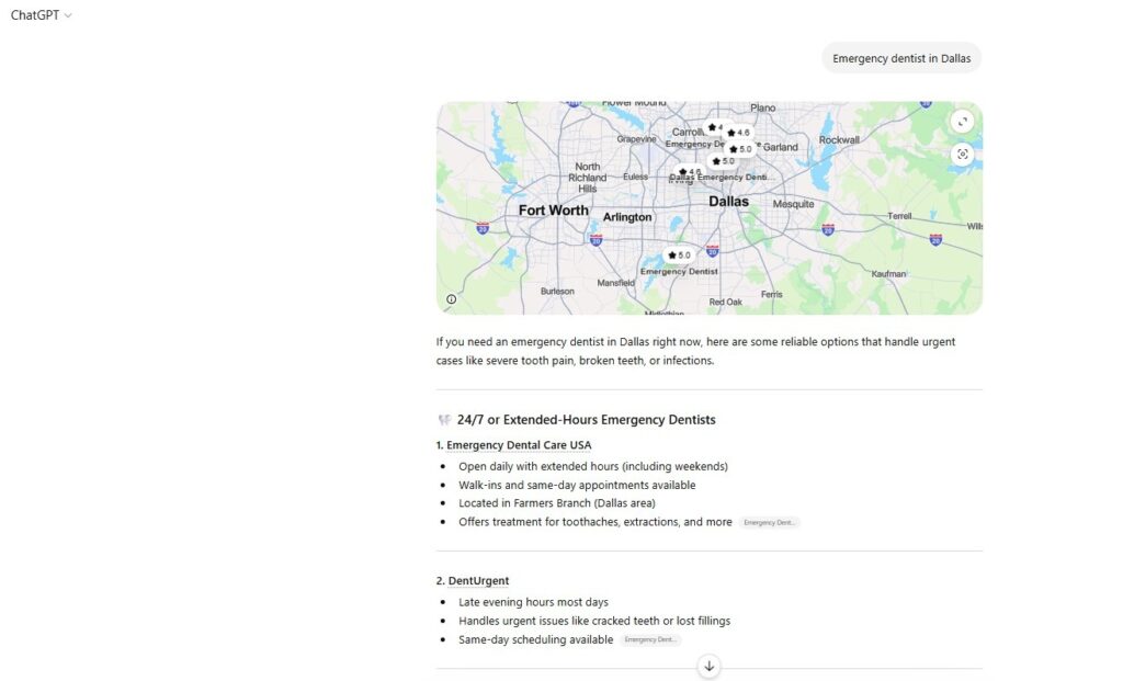ChatGPT local search results showing emergency dentists in Dallas with map and recommended clinics list