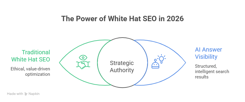 Diagram showing the power of White Hat SEO in 2026, with overlapping sections for Traditional White Hat SEO and AI Answer Visibility, intersecting at Strategic Authority. Traditional SEO focuses on ethical