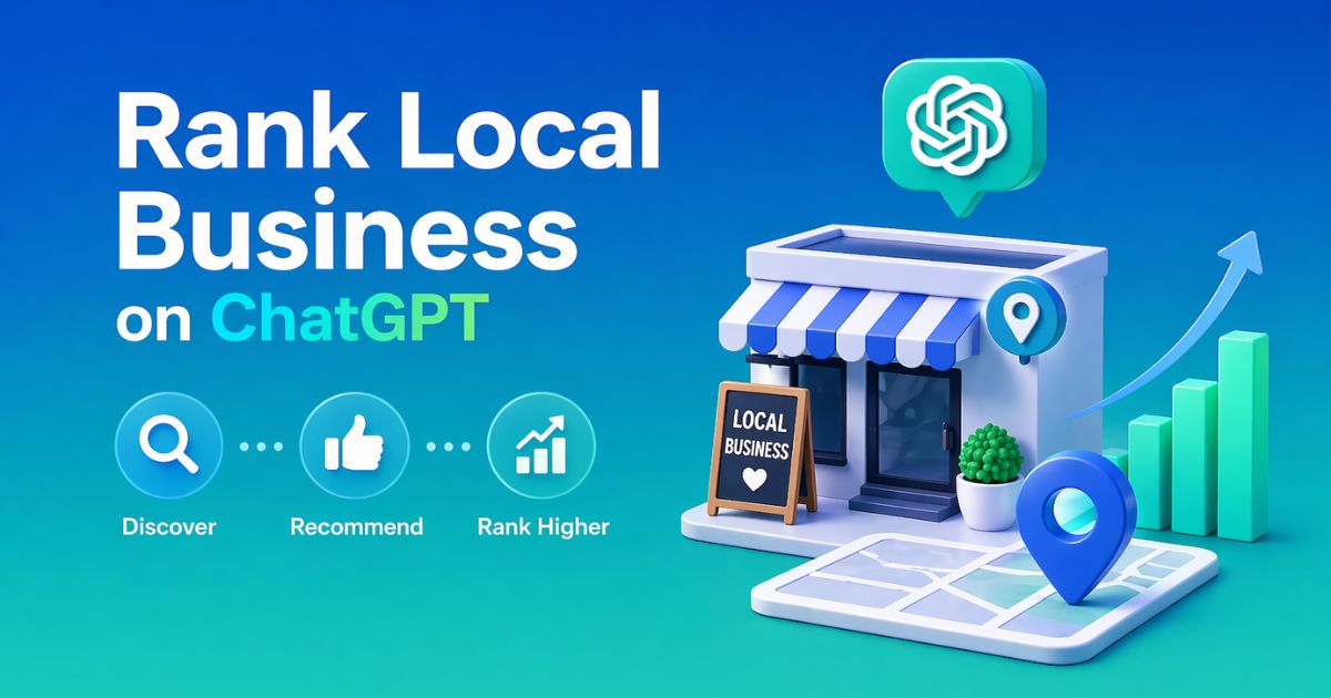 How to rank local businesses on ChatGPT with storefront, location pin, and growth chart illustration
