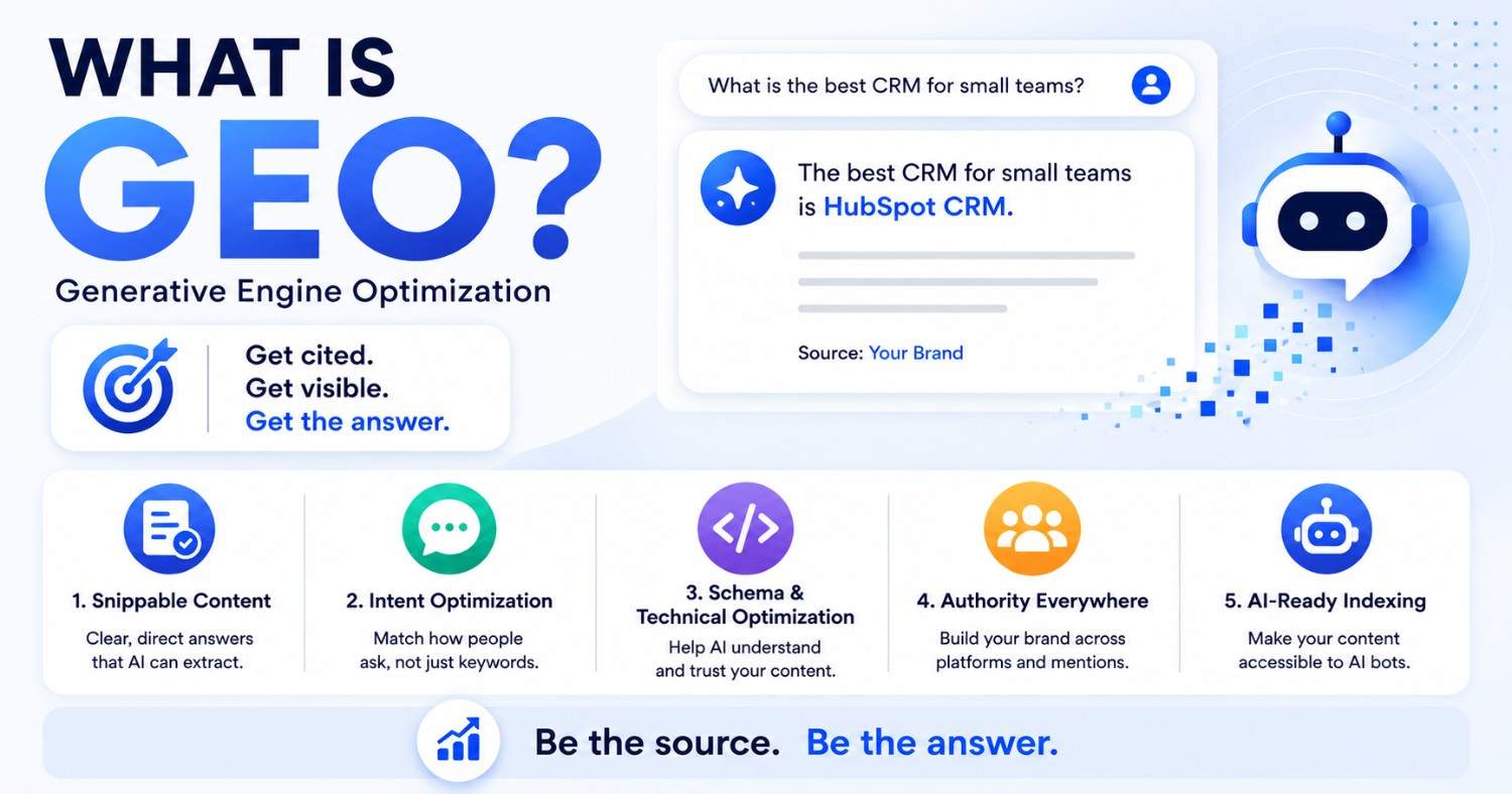 GEO infographic explaining five key strategies to improve visibility and citations in AI search engines such as ChatGPT, Gemini, Perplexity, and Google AI.