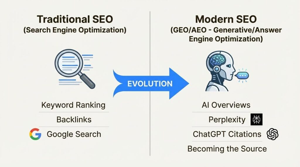 Traditional SEO vs modern AI SEO comparison infographic.