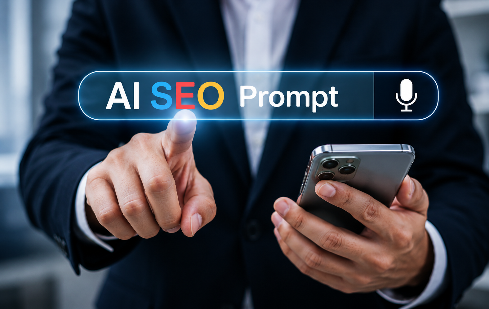 AI SEO Prompts search interface displayed on a virtual screen for modern AI search optimization