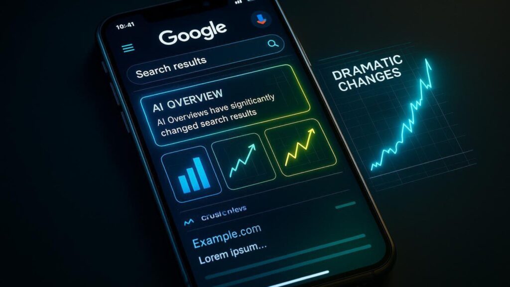 Illustration of a smartphone displaying a Google AI Overview, showing how zero-click searches and AI-generated answers are changing SEO and reducing website clicks.