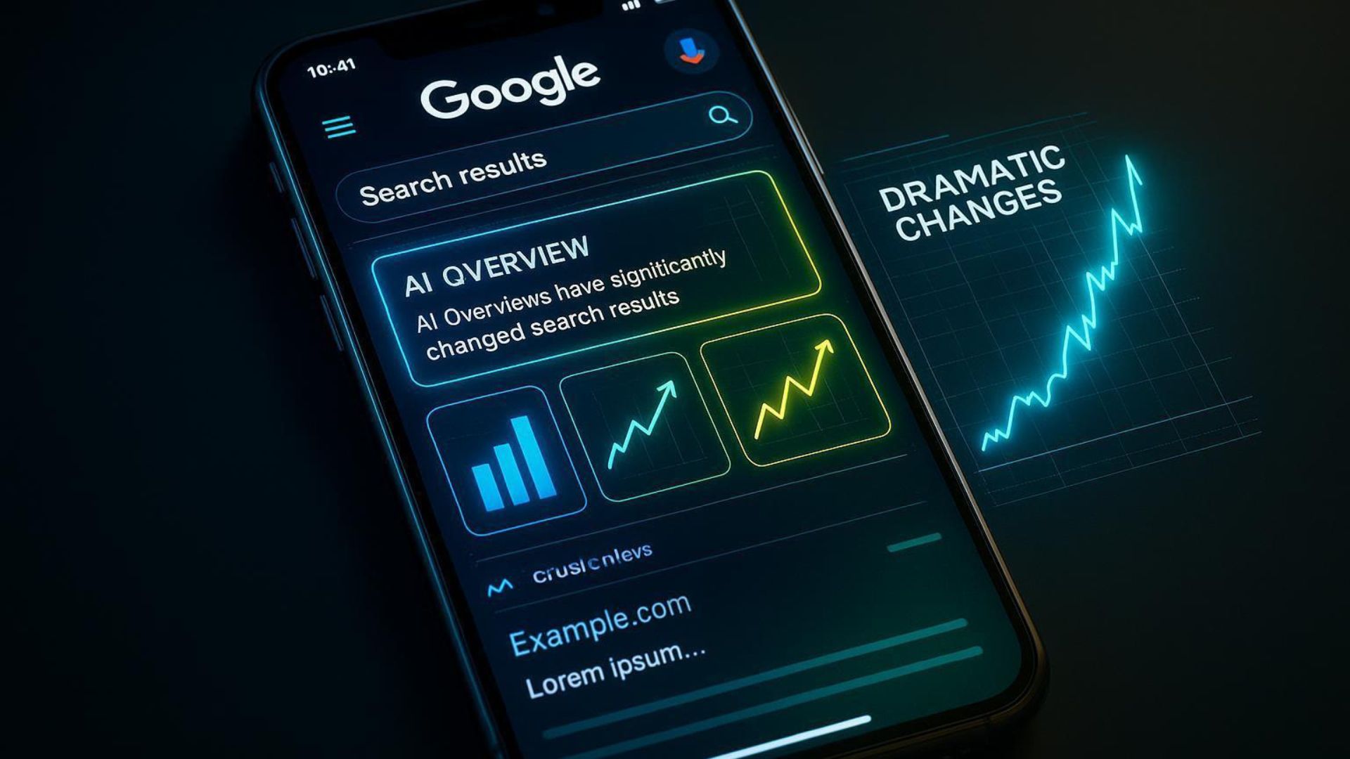 Illustration of a smartphone displaying a Google AI Overview, showing how zero-click searches and AI-generated answers are changing SEO and reducing website clicks.