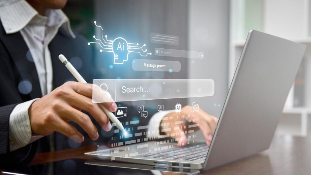 Digital marketer using AI search tools on a laptop while optimizing website content for Perplexity AI and AI-powered search engines.