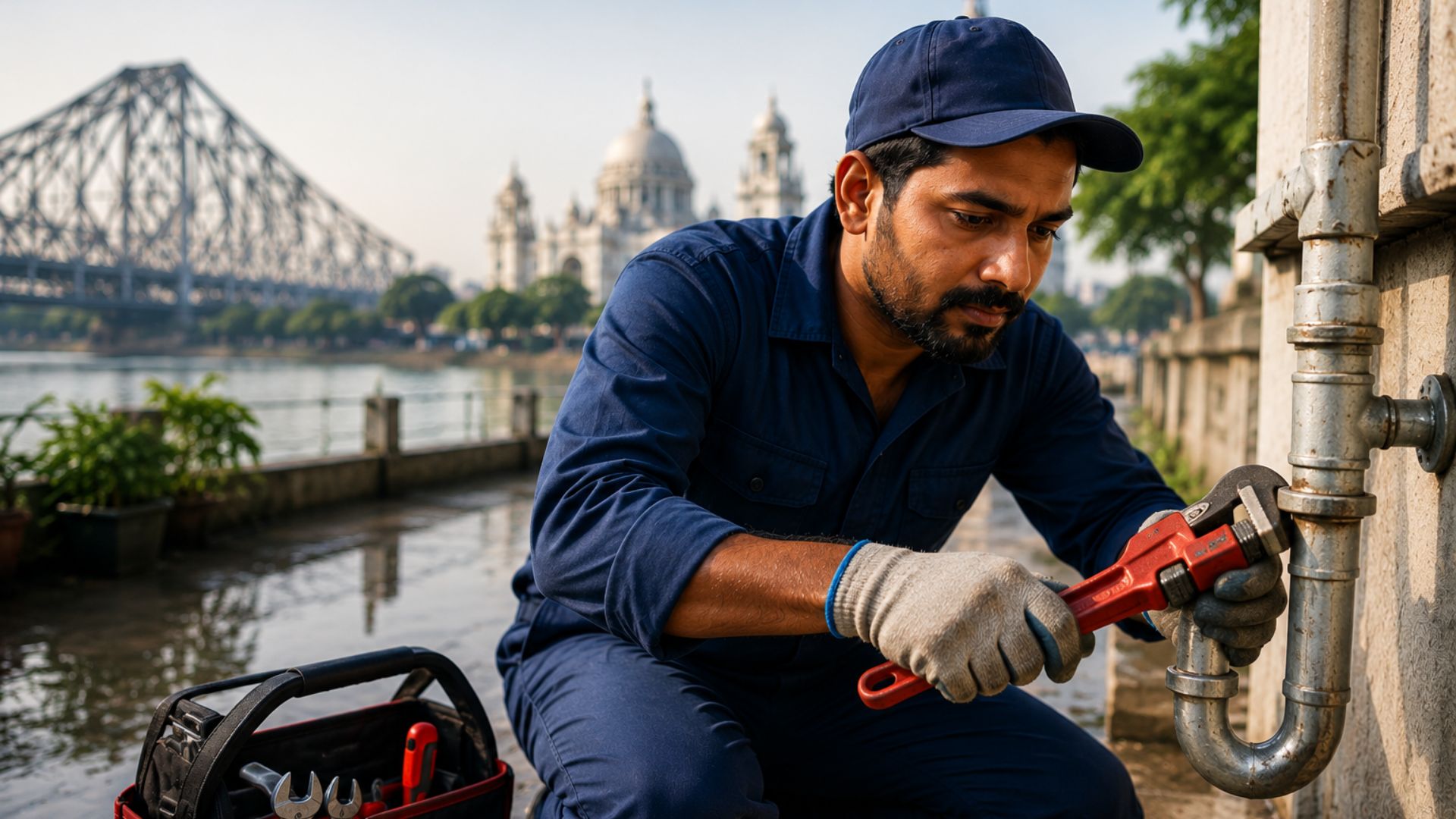 Plumber repairing water pipes in Kolkata