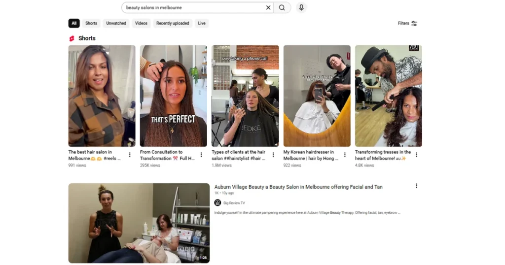 YouTube search results for beauty salons in Melbourne
