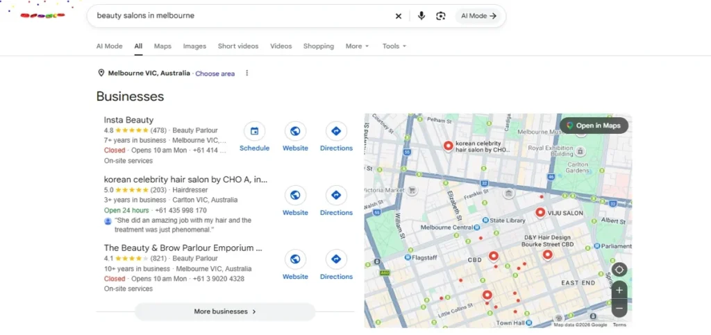 Google Maps results for beauty salons in Melbourne