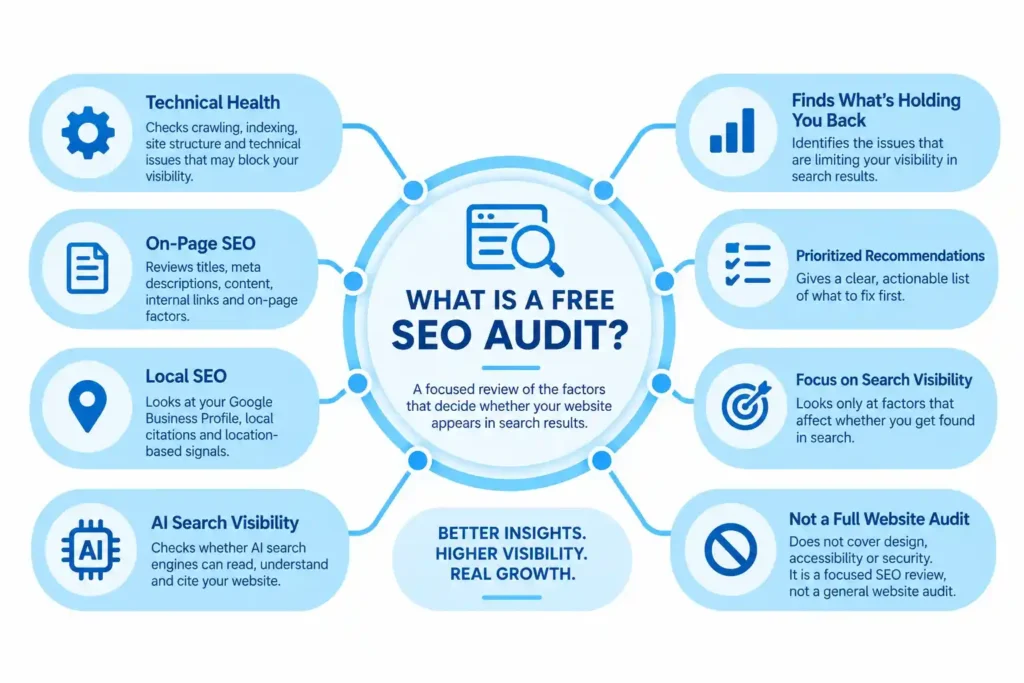 Free SEO audit infographic explaining technical SEO, on-page SEO, local SEO, AI search visibility, prioritized recommendations, and search visibility improvements.