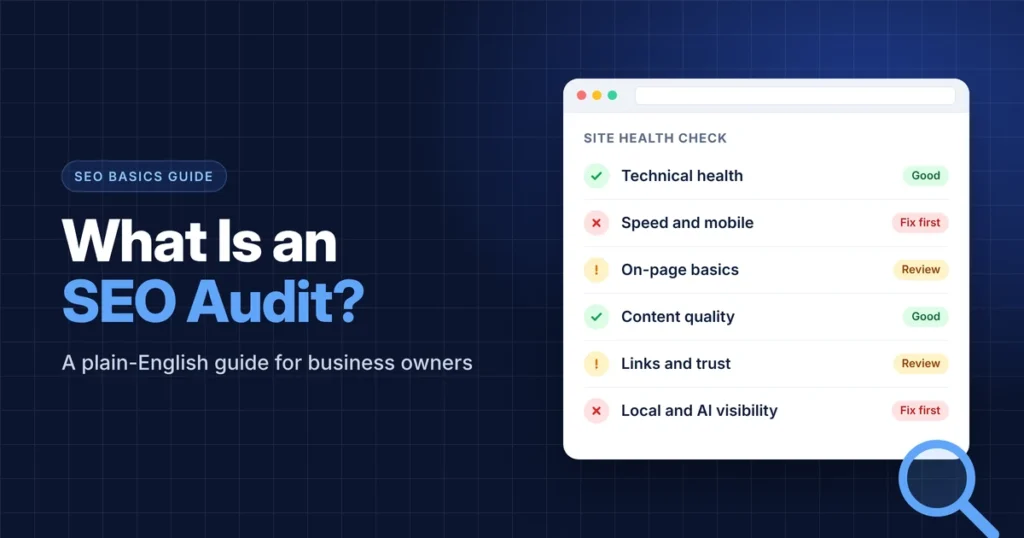 What is an SEO audit infographic showing technical, on-page, content, link, and local checks
